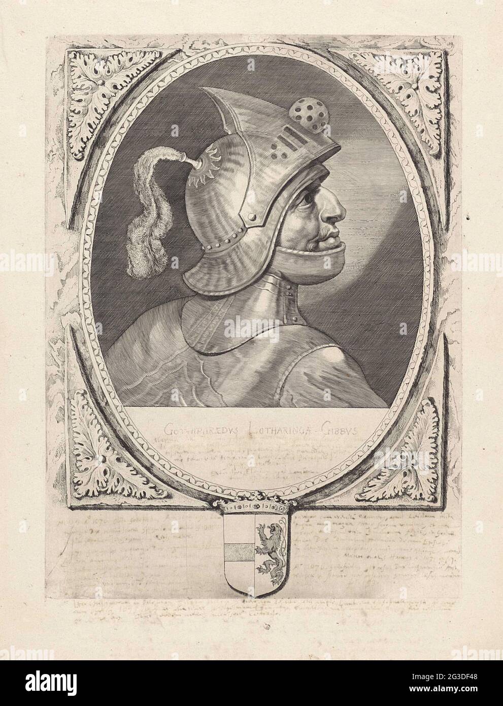 Porträt von Godfried III mit der Beule. Godfried III. Mit der Beule, Herzog von Niederlothringen. Er trägt einen Helm und wird im Profil angezeigt. Der Rahmen ist mit der Waffe Hollands verziert. Stockfoto