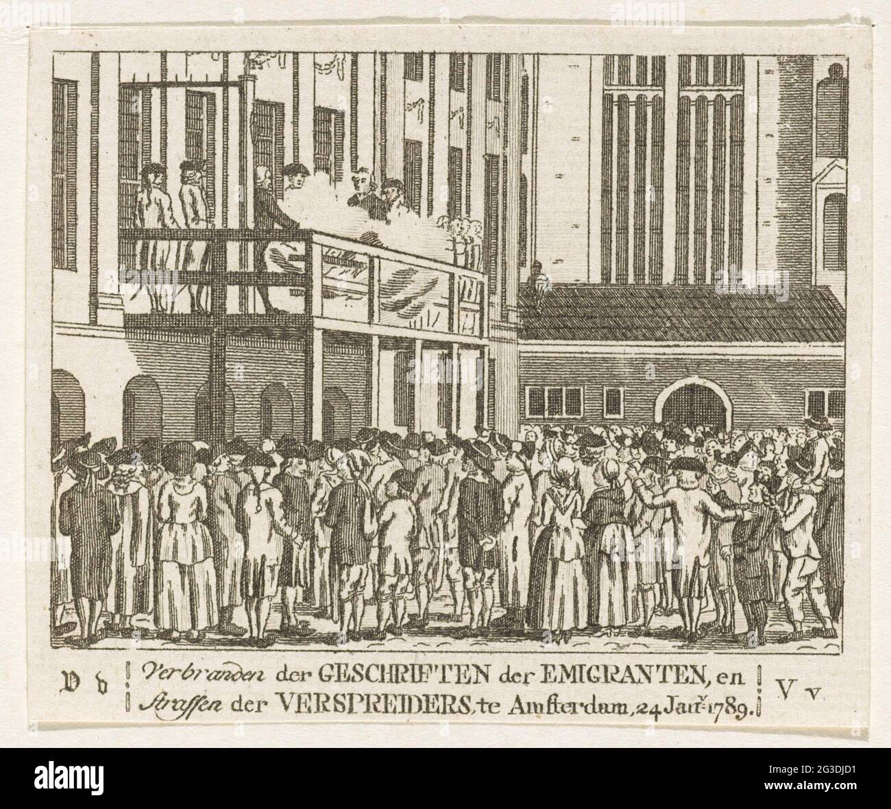 Verbrennung von Flugblättern in Amsterdam, 1789; Verbrennung der Schriften von Auswanderern und Bestrafung der Spreizer, in Amsterdam, 24. Januar 1789. In Form einer Hinrichtung, die Flugblätter von skizzierten Patrioten auf einem Gerüst für das Rathaus auf dem Dam-Platz in Amsterdam am 24. Januar 1789 verbrennt. Gleichzeitig zeigte sich der Verteiler der Flugblätter der Flugblätter. Bild, das zum Buchstaben V aus einem ABC-Buch gehört. Ein Textblatt mit Erklärung ist einer der Ausdrucke. Stockfoto