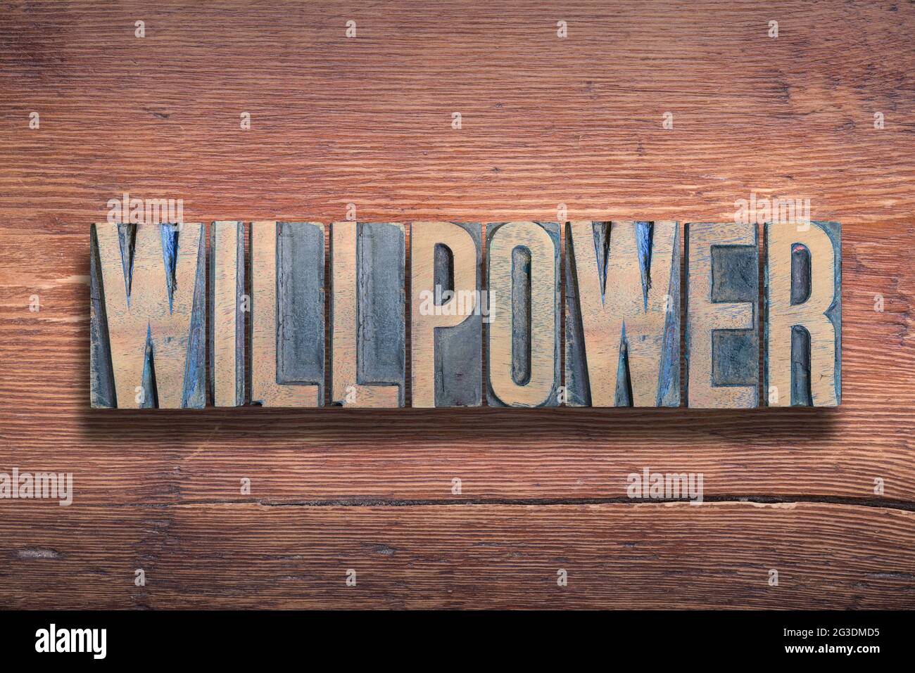 Willpower Wort kombiniert auf vintage lackierte Holzoberfläche Stockfoto