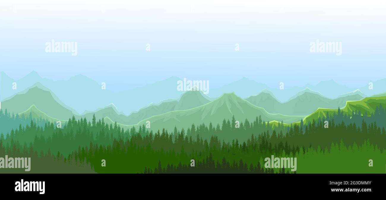 Nebliger Morgen im Nadelwald. Silhouetten von Bäumen. Wilde hügelige Landschaft. Berge. Kiefer, Zeder. Die Landschaft ist horizontal. Illustrationsvektor A Stock Vektor