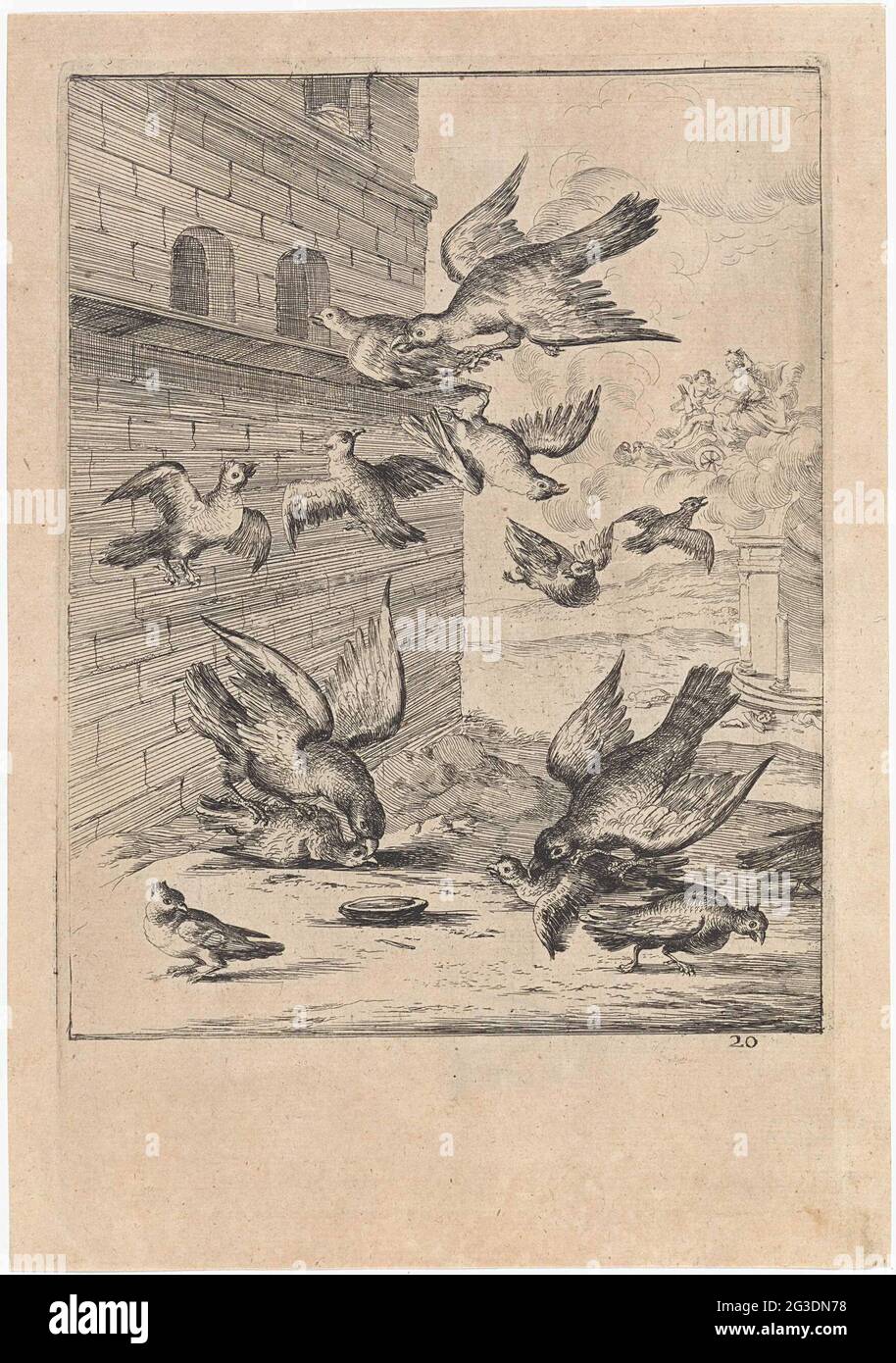 Fabul der Tauben und Falken; Fabeln von Aesopus. Die Tauben werden von einem Wouw angegriffen und rufen um Hilfe, die größer und stärker als der Drachen sind. Die Falken scheinen jedoch gefährlicher zu sein. Im Hintergrund Venus mit Amor in ihr von Tauben gezeichnet. Illustration eines Aesopus Fabul. Stockfoto