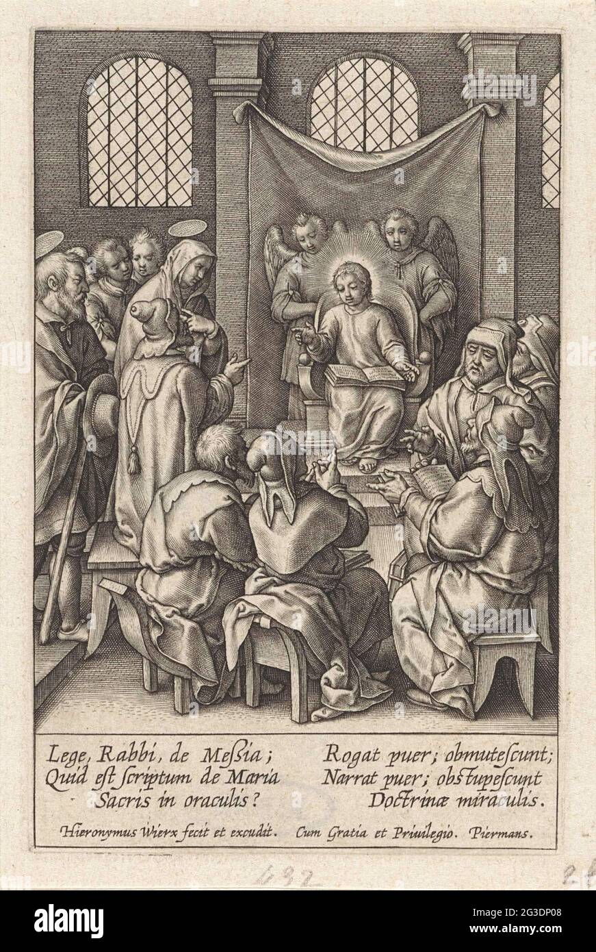 Christus als Zwölfjähriger im Tempel; Leben der Jungfrau Maria; Vita Deiparæ Virginis Mariæ. Christus ist im Tempel auf einem Thron, hinter ihm zwei Engel. Er erklärt den Schriftgelehrten die Schrift. Joseph und Maria gehen im Tempel spazieren und finden ihren zwölfjährigen Sohn unter den Gelehrten. Am Rand eine sechszeilige Beschriftung, in zwei Spalten, in Latein. Stockfoto