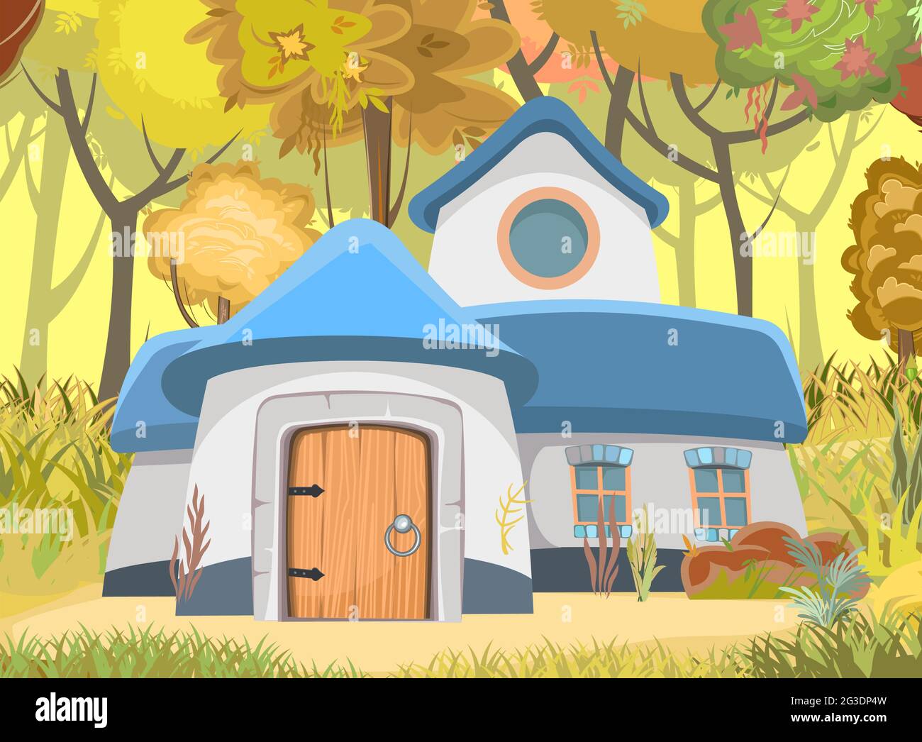 Ein fabelhaftes lustiges Haus auf einer Lichtung. Waldwiesenlandschaft. Die Wohnung des Gnoms. Schöne Cartoon-Illustration. Nettes Baby Bild. Vektor Stock Vektor