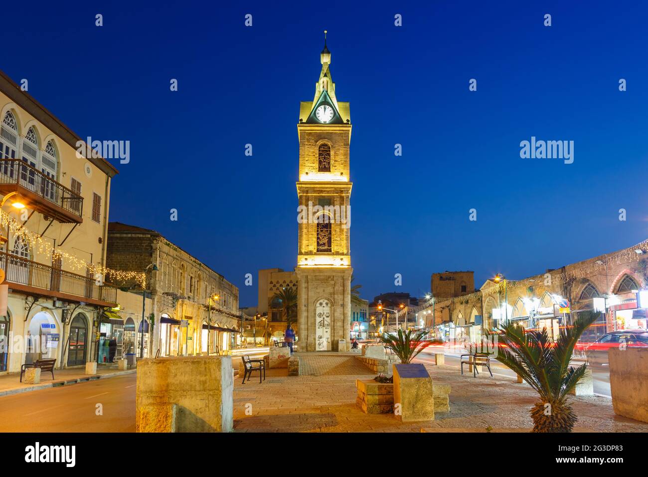 Tel Aviv Jaffa Israel der Uhrenturm blaue Stunde Nacht Stadt Dämmerung Stockfoto