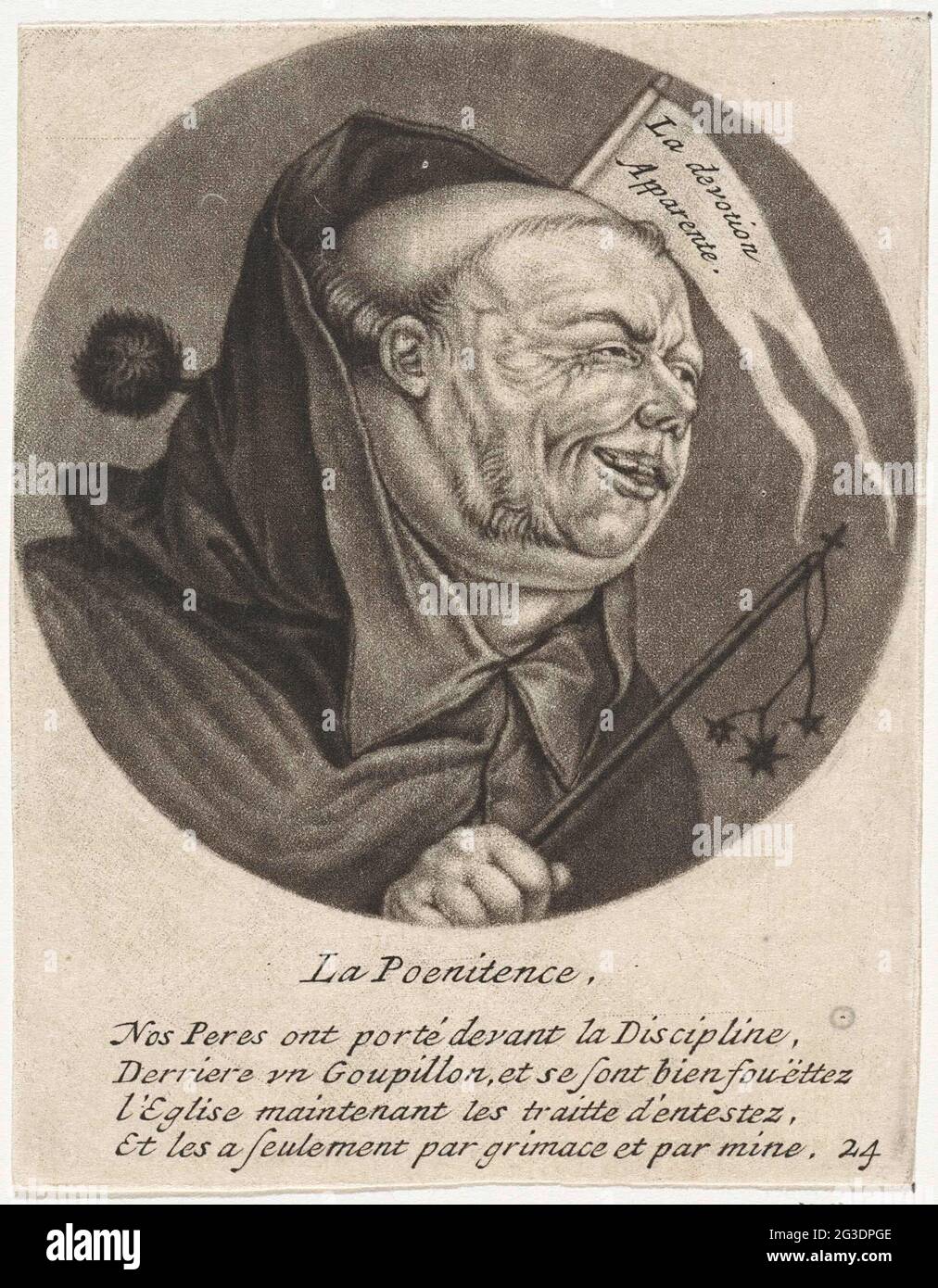 Mönch mit einer Peitsche; La Poenitence; Karikaturen über den französischen Klerus unter Ludwig XIV., (A); Betrieb der La Moral Chrétienne Par les Désordress du Monachism. Ein Mönch mit einer Peitsche und einer Flagge, auf der der Text 'La Devotion Apparente' steht. Der Druck ist Teil einer Serie von Karikaturen des französischen Klerus unter Ludwig XIV. Stockfoto