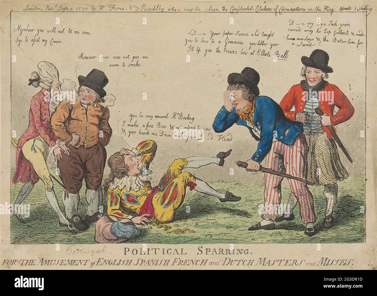 Karikatur zur Affäre um Nootka Sound, 1790; politischer Sparring. For The Entertainment Of English Spanish French And Dutch Masters And Misses. Karikatur zur Krise zwischen den Briten und den Spaniern im Nootka Sound auf Vancouver Island im Sommer 1789. Der Spanier liegt auf dem Boden, um mit dem englischen Seemann mit dem Kopf zusammengekracht zu werden. Ein zweiter englischer Seemann sieht. Der Franzose links versucht, seinem spanischen Verbündeten zu helfen, wird aber von dem dicken, pfeifenden Holländer, einem Verbündeten Englands, aufgehalten. Stockfoto