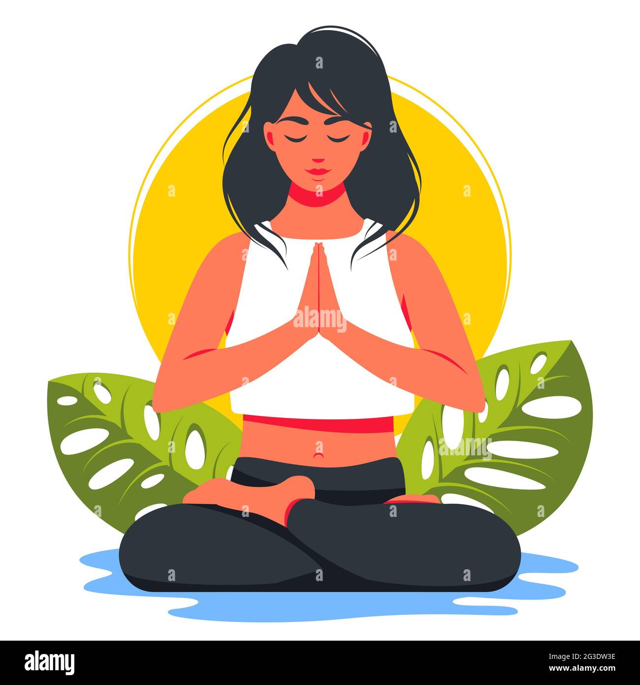 Frau in Lotusposition und meditiert in Natur und Blättern. Konzeptdarstellung für Yoga, Meditation, Entspannung, Erholung, gesunden Lebensstil. Vektor i Stockfoto