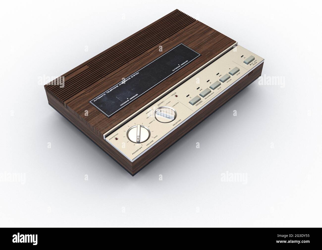 Ein analoger Vintage-Anrufbeantworter für die 80er Jahre aus Holz und Chrom auf einem isolierten weißen Hintergrund - 3D-Rendering Stockfoto