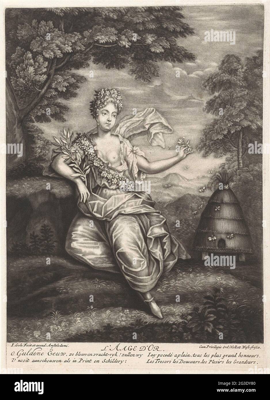 Goldenes Zeitalter; L'Aage d'Or; die vier Epochen. Die goldene Ära: Eine Frau, die mit Blumen geschmückt ist, sitzt an einem Bienenstock. Der Druck bezieht sich auf die mythologisch inspirierte Idee, dass der Mensch zunächst in einem Zeitalter des kontinuierlichen Frühlings lebte. Krieg oder Ungerechtigkeit fehlten. Während des Goldenen Zeitalters lebten alle in Glückseligkeit, in einer Welt, in der die Menschen die fruchtbare Natur genießen konnten, ohne zu arbeiten. Der Druck ist Teil einer Serie über die vier Epochen. Stockfoto