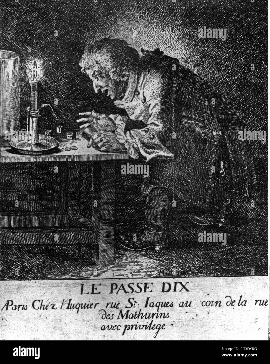 Spiel, Würfel, der Würfelspieler, Radierung von Daniel Chodowiecki, Deutschland, 1757, ARTIST'S COPYRIGHT MUSS NICHT FREIGEGEBEN WERDEN Stockfoto