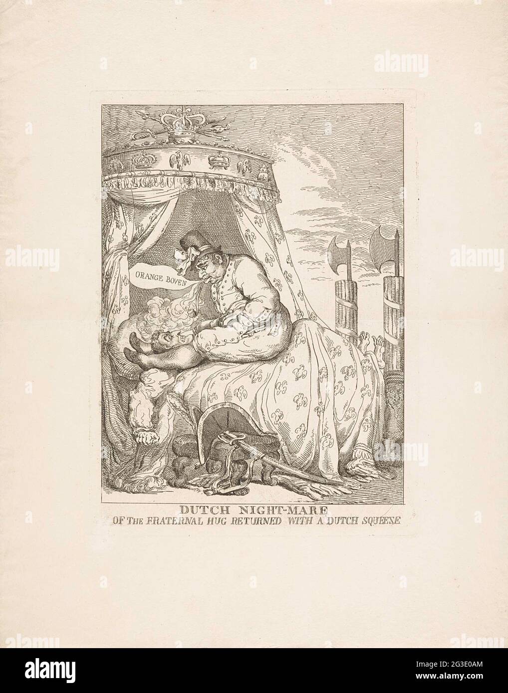 Napoleons holländischer Alptraum, 1813; die niederländische Nachtstute des brüderlichen Hug kehrte mit einem holländischen Squeeze zurück. Karikatur zum Fall Napoleons, 1813. Napoleon, der in seinem kaiserlichen Bett lag, saß mit einem fetten Holländer auf seiner Brust. Der Niederländer sagt „Orange oben“ und trägt ein großes orangefarbenes Band, das auf seinem Hut gekocht wird. Er klapst den Kopf Napoleons zwischen seine Beine und bläst dem Kaiser Tabakrauch aus seiner Pfeife ins Gesicht. Mit zwei großen Pfeilen am Fuß des Bettes. Stockfoto