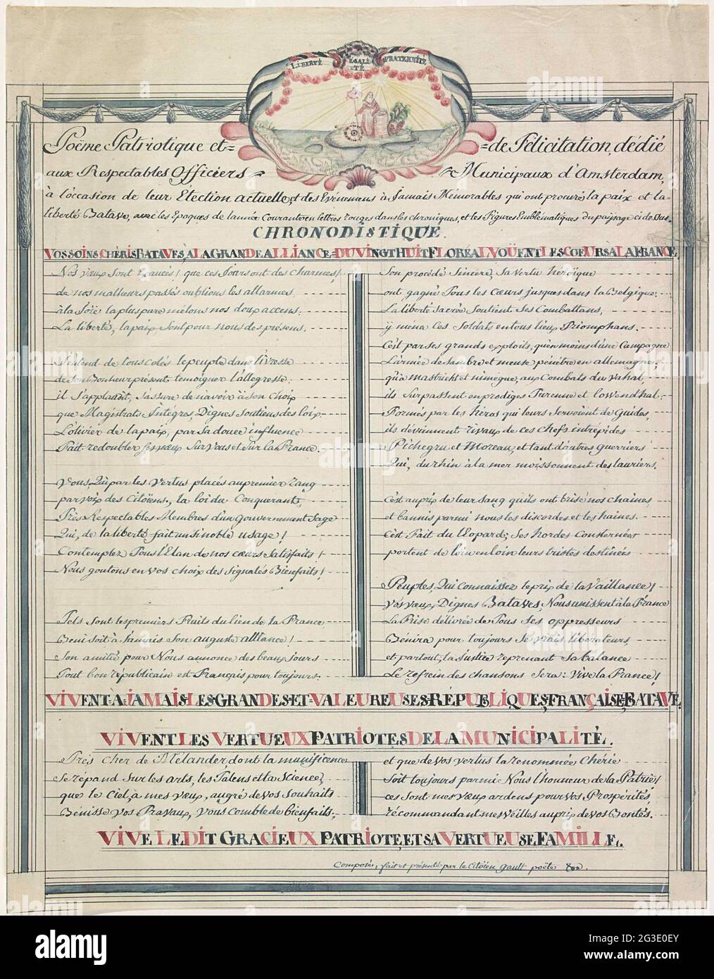 Frisch bei der Alliance-Partei in Amsterdam, 1795; Poete patriotique et de félicitation, dédié aux respectables Officers Municipaux d'Amsterdam, à l'occasion de leur election (...). Frischer Vers anlässlich des Alliantiestefest in Amsterdam am 19. Juni 1795. Den neu gewählten provisorischen Vertretern des Amsterdamer Volkes gewidmet. Oben auf einer Kartusche mit Freiheit, einem Zeitvers, unter dem Fresh in zwei Spalten, alles in den Farben Blau und Rosa. Stockfoto