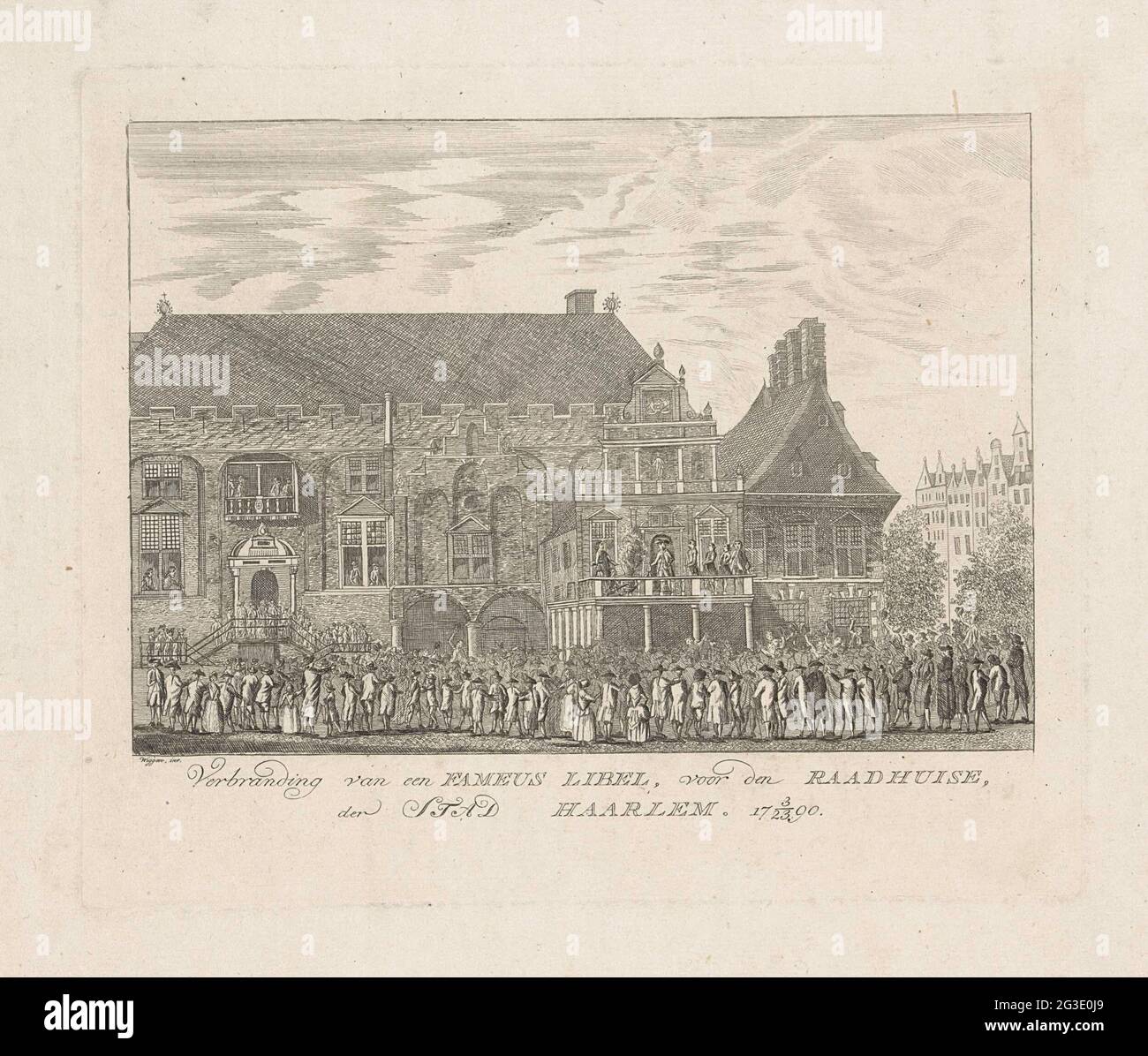Verbrennung einer Flugschrift in Haarlem, 1790; Verbrennung einer fameus-Libelle, für den Raadhuis der Stad Haarlem. 17 3/23 90. Öffentliche Verbrennung eines Fameus-Flugblatts von De Beul auf einem Gerüst für das Rathaus in Haarlem, 23. März 1790. Blick vom Grote Markt auf die Öffentlichkeit für das Rathaus. Stockfoto