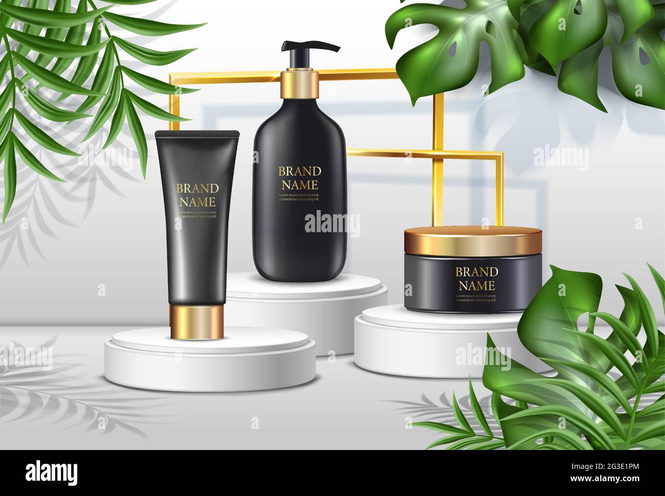 Vector Sommer Kosmetik Hintergrund, Werbung mit Palmen und schwarzen Creme-Flaschen mit goldenen Deckeln und Sonnenflecken und goldenen Rahmen auf weißem sta Stock Vektor