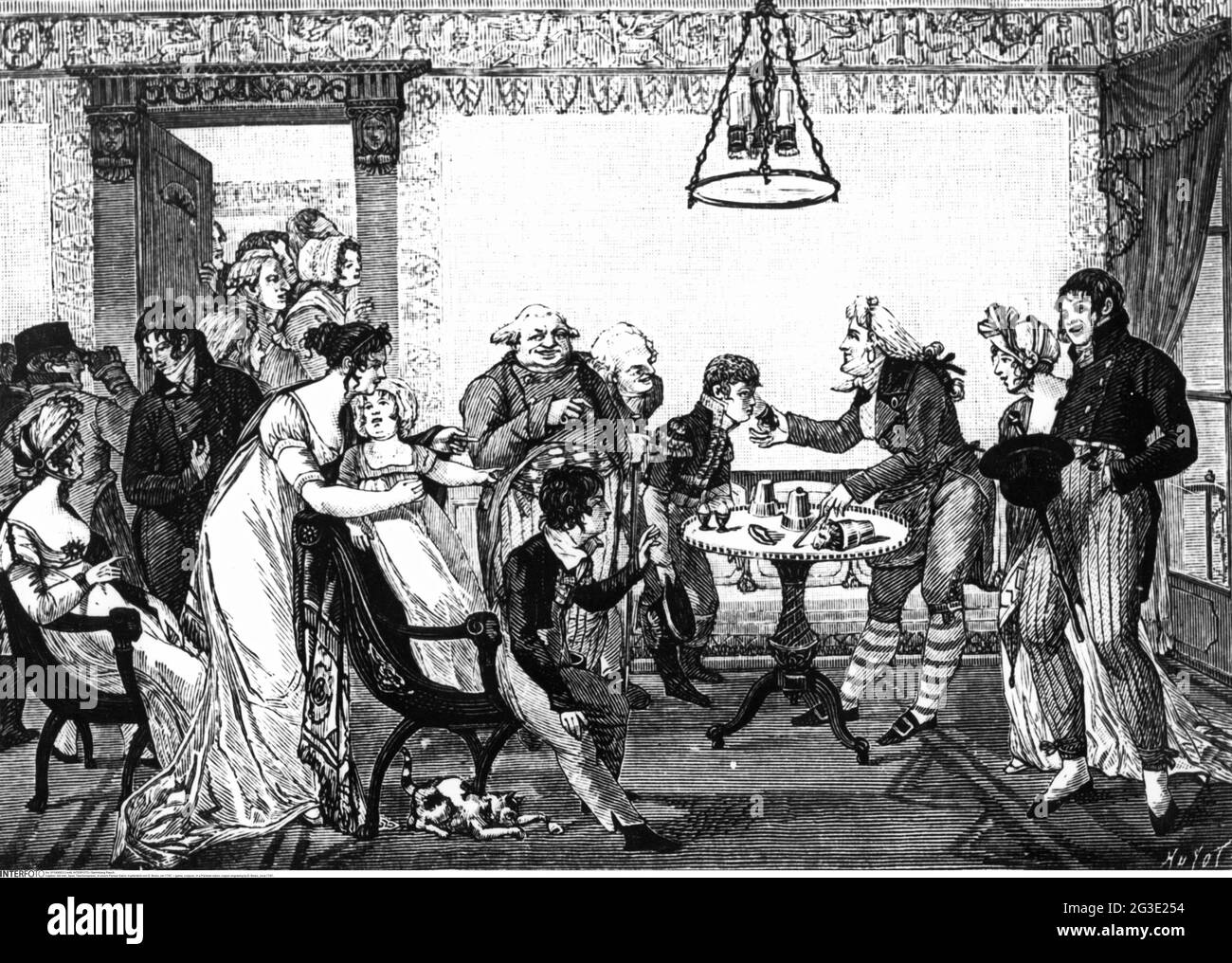 Spiel, Zauberer, in einem Pariser Salon, Kupferstich von D. Bosio, um 1797, DAS COPYRIGHT DES KÜNSTLERS MUSS NICHT GEKLONT WERDEN Stockfoto