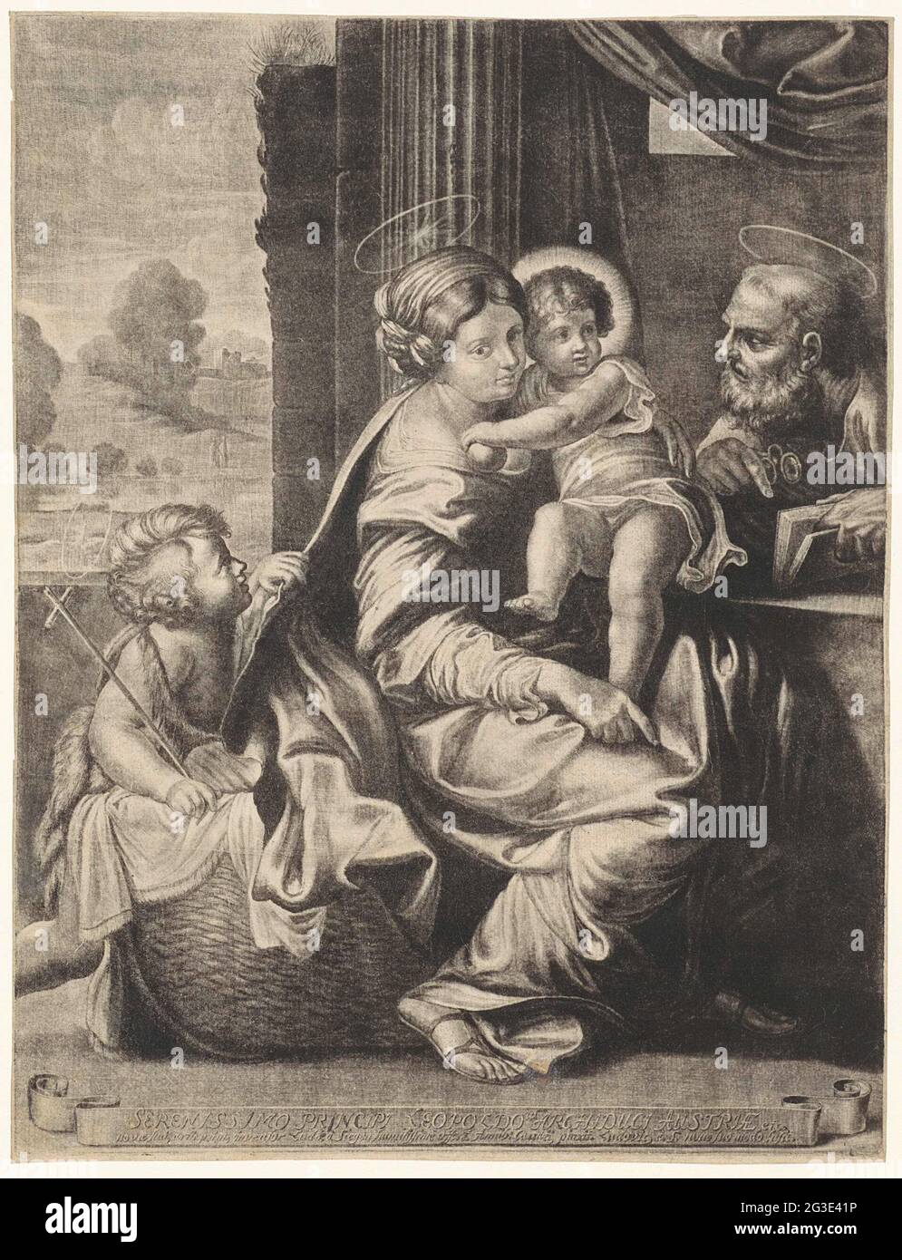 Heilige Familie mit Johannes dem Täufer. Maria und Joseph mit dem Christkind. Neben Maria ist Johannes als Kind der Täufer, er zieht ihren Mantel. Stockfoto