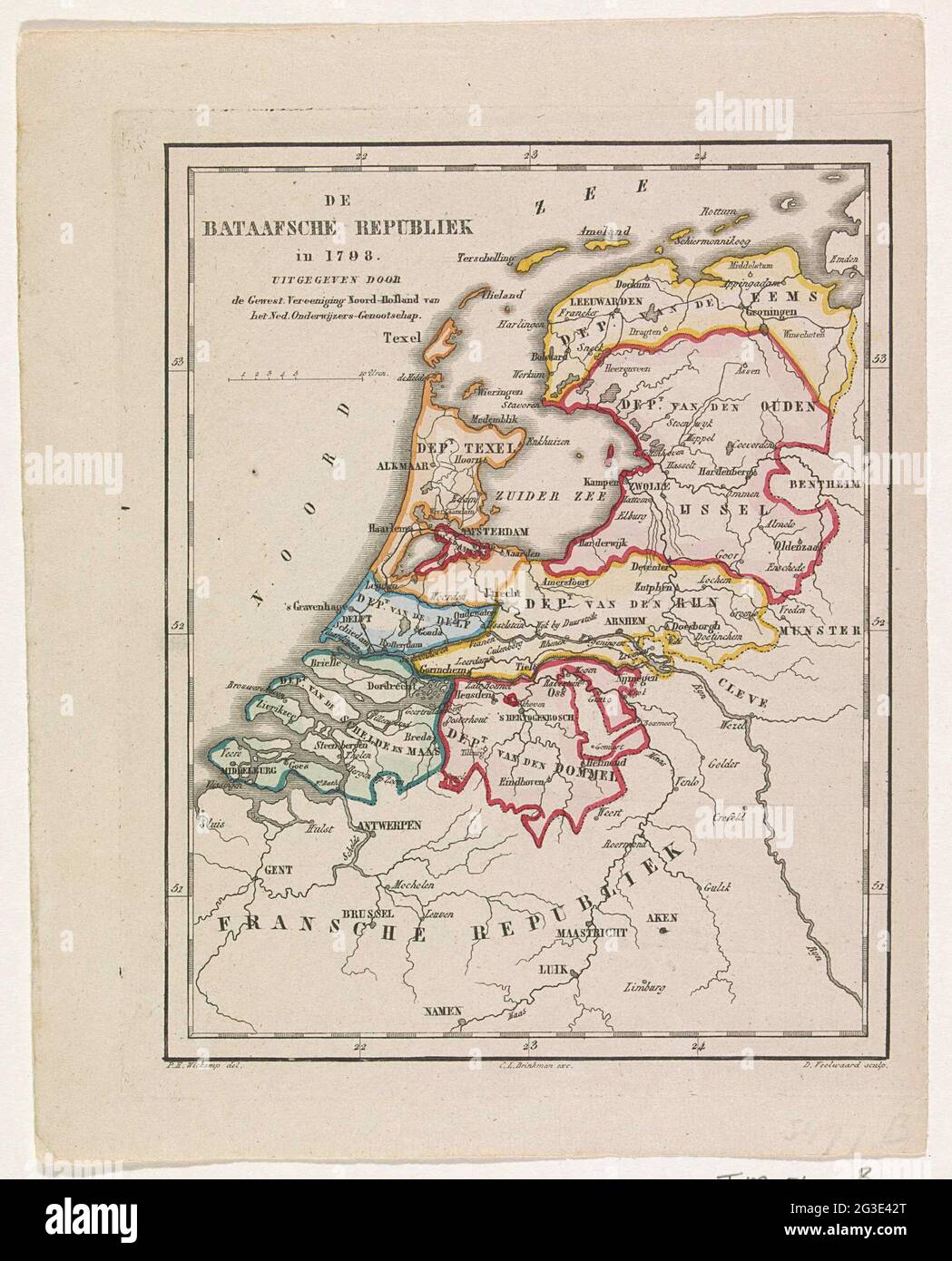 Karte der Batavianischen Republik, 1798; die Bataviäre Republik im Jahr 1798. Karte der Batawischen Republik, wie sie 8 in 1798 Abteilungen aufgeteilt wurde. Stockfoto