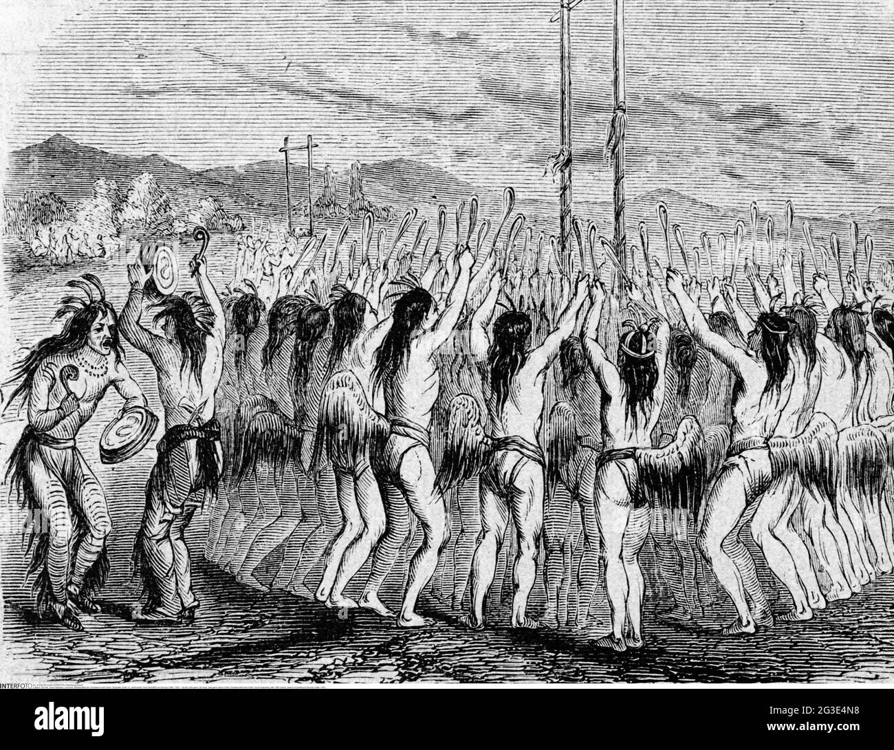 Sport, Ballspiel, Lacrosse, Ballspieltanz der Choctaw vor dem Spiel, Holzstich, ARTIST's COPYRIGHT DARF NICHT GELÖSCHT WERDEN Stockfoto