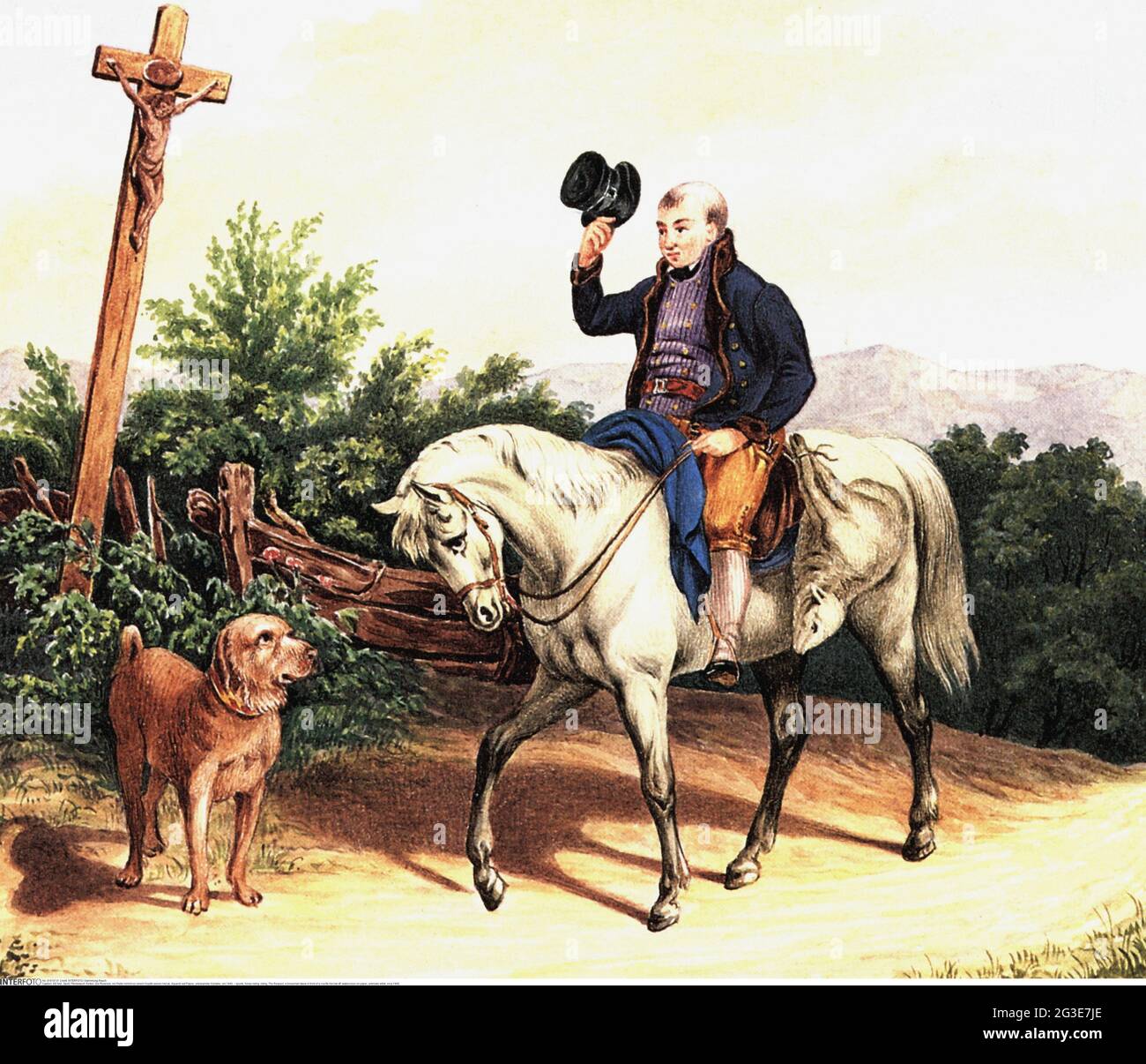 Sport, Reiten, Reiten, Respekt, ein Reiter nimmt vor einem Kruzifix seinen Hut ab, das COPYRIGHT DES KÜNSTLERS MUSS NICHT GEKLUNGEN WERDEN Stockfoto