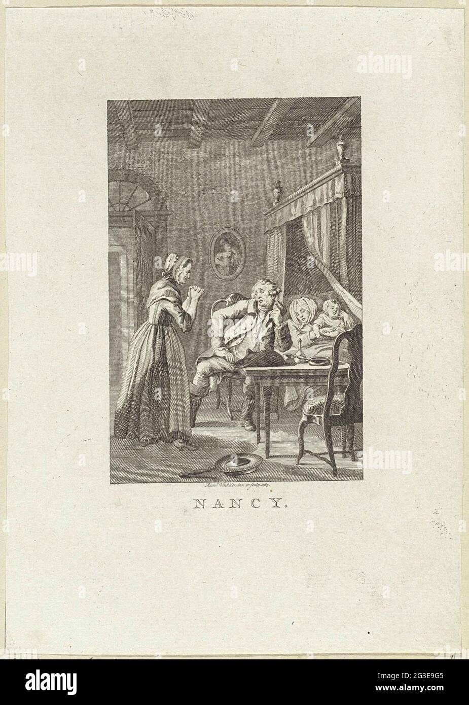 Mann und Frau bei einer kranken Mutter mit Kind. In einem Zimmer weint ein Mann auf dem Bett einer kranken Frau und ihres Kindes. Eine Frau betet für den Mann. Stockfoto