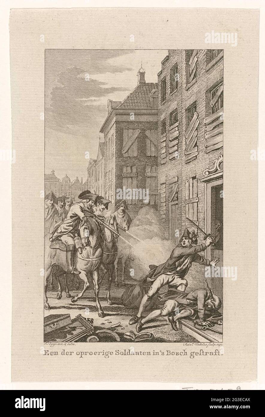 Bestrafung von zwei randalierten Soldaten in Den Bosch, 1787; einer der Rennsoldaten in 's Bosch bestraft. Bestrafung (durch preußische Reiter?) Von zwei (vermutlich patriotischen) Soldaten in Den Bosch, November 1787. Stockfoto