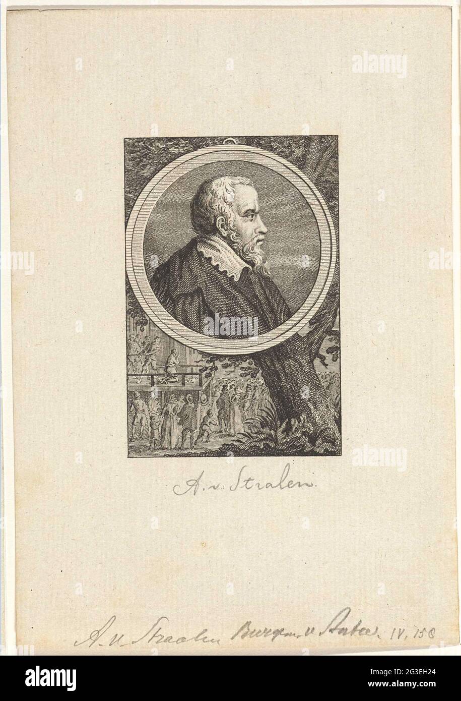 Porträt von Antoon Van Jenen. Porträt von Antoon van Straalen, Bürgermeister von Antwerpen. Unter dem Porträt sind die Hinrichtungen, auf die Bürde des Herzogs von Alva. Stockfoto