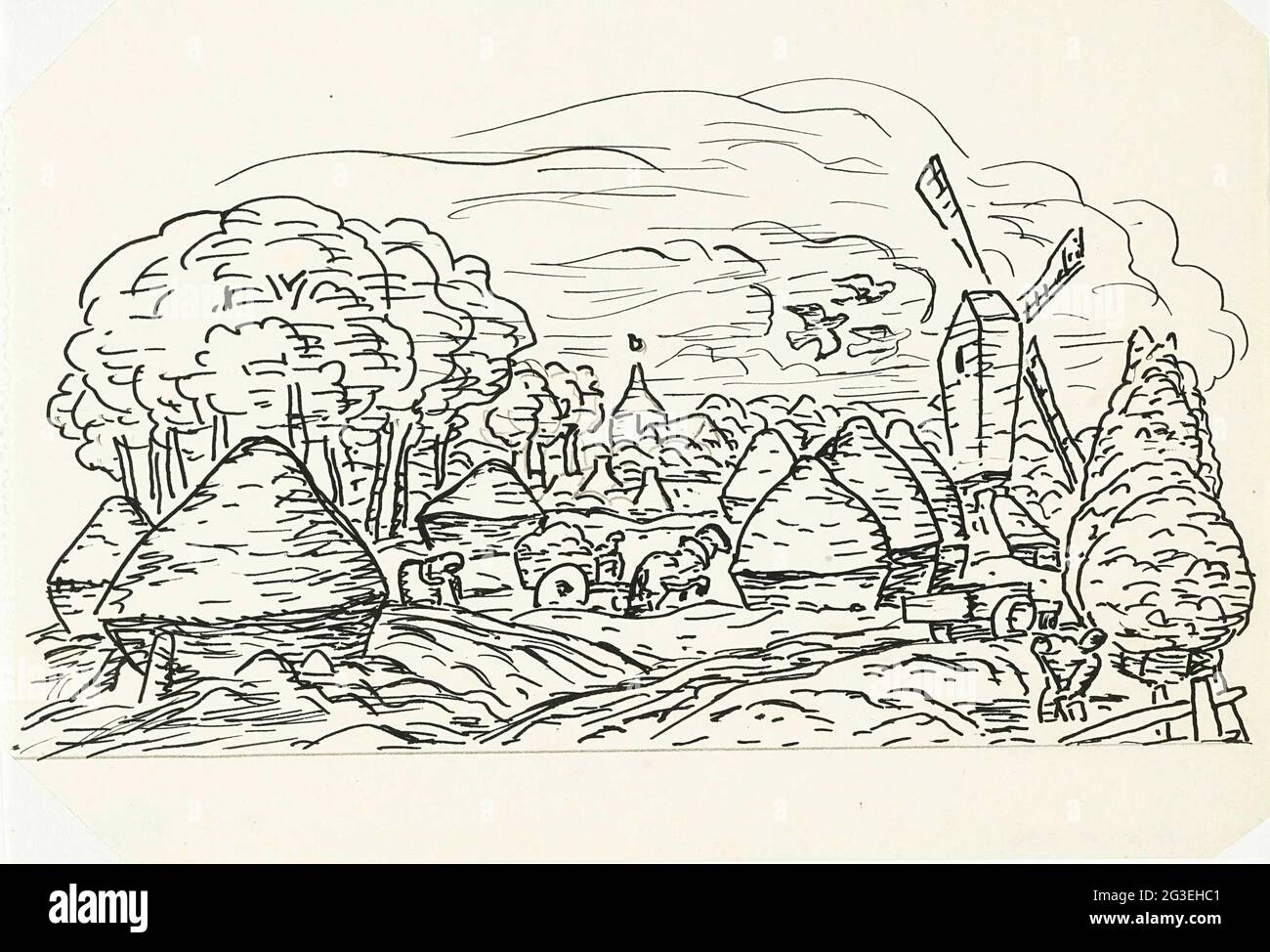 Vignette zur Biographie von Gestel von Prof. dr.. W. van der Pluym. Landschaft mit Heumilben, Mühle, Kirchturm, Bauern mit Pferd und Kutsche, unten rechts von einem Bauern mit Spaten in der Hand, links von der Mühle Dochte drei Vögel im Flug. Stockfoto