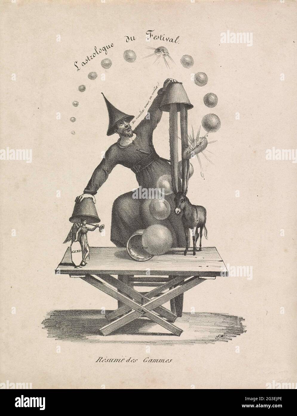 Karikatur beim Musikwettbewerb in Lille, 1829; L'Astrologue du Festival /  Résumé des Gammes. Karikatur beim Musikwettbewerb, der am 30. Juni 1829 in  Lille stattfand. Ein Zauberer auf einem Stellage kippen einen Becher,