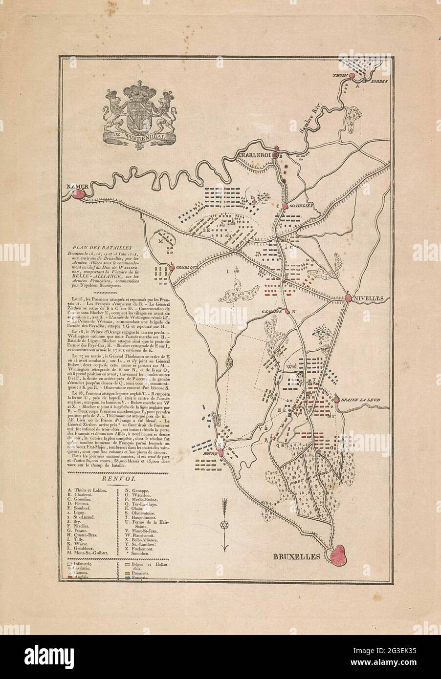 Plan der Schlachten in Quatre-Bras und Waterloo, 15-18. Juni 1815; Plan des Batailles Données Le 15, 17, 17 et 18 Iuin 1815, Aux Environs de Bruxelles, Par les Armées Alliées Sous le Commandement und Chef du Duc de Wellington, Lake Brakeportant La Victoire de la Belle-Alliance, sur les Armées Francaises, Commandées Par Napoléon Buonaparte. Karte der Region zwischen Brüssel und Charleroi, wo zwischen dem 15-18. Juni 1815 in Ligny, Wavre, Quatre-Bras und Waterloo Schlachten zwischen den Armeen der Alliierten und der französischen Armee unter Napoleon ausgetragen wurden. Die Gesetze der Armeen sind auf angegeben Stockfoto