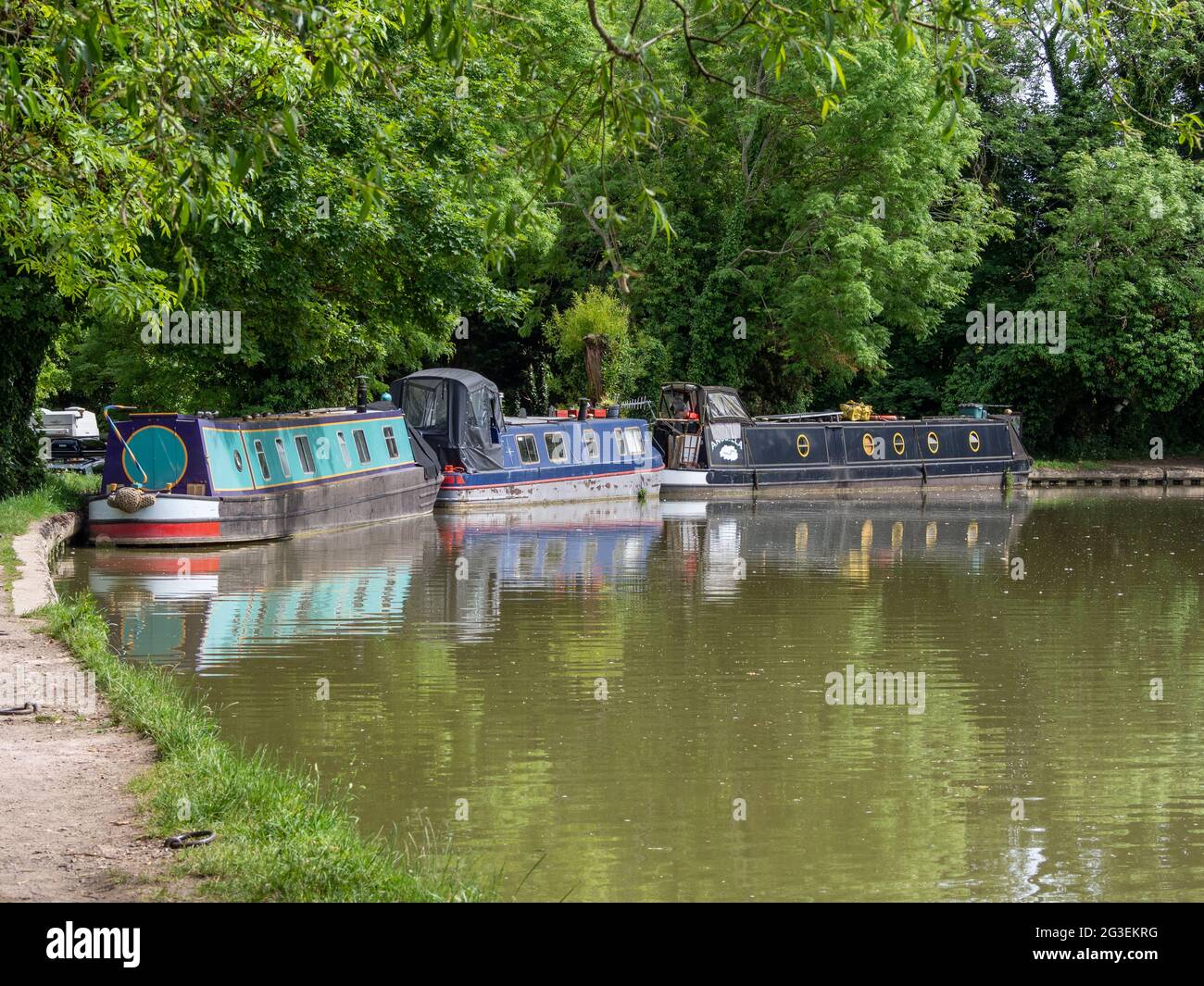 Narrowboats auf dem Grand Union-Kanal im Sommer, Cosgrove, Northamptonshire, Großbritannien Stockfoto