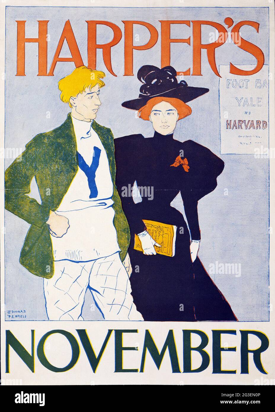 Harper’s Magazine 1893: Cover für November Foot Ball Spieler mit Schild Yale vs Harvard von Edward Penfield Stockfoto