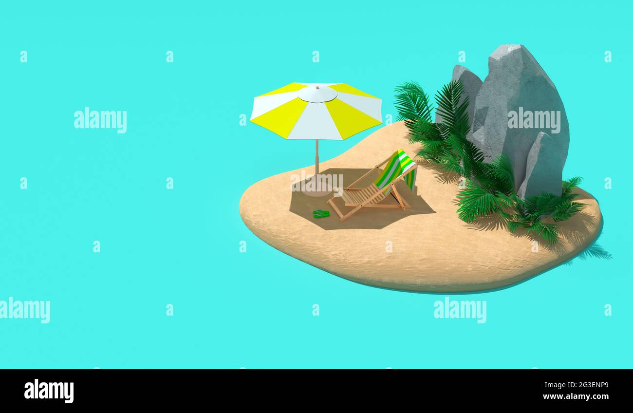 Abbildung einer Insel mit Farn, Felsen, Sonnenliege, Sonnenschirm. Reisekonzept für den Sommer. 3D-Rendering. Stockfoto