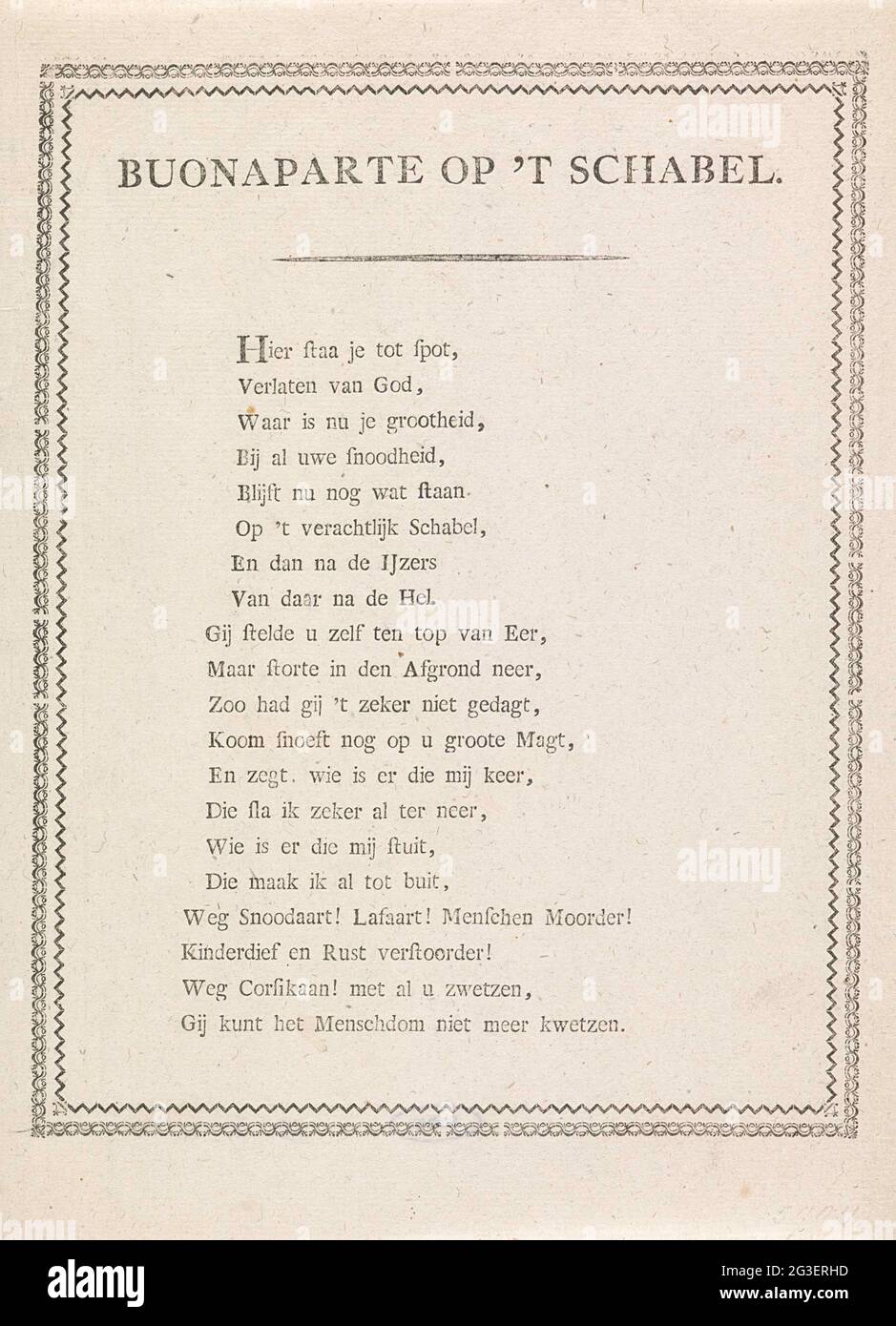 Frisch auf Napoleon auf dem Schandpaal, 1813; BuitaParte auf 't Schabel. Textblatt mit einem Sparker von zwanzig Regeln über Napoleon, 1813. Stockfoto