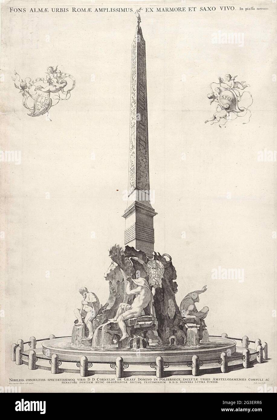 Obelisk und Brunnen von Gian Lorenzo Bernini auf der Piazza Navona in Rom. Der Obelisk von Caracalla in Rom. Der Obelisk steht auf einem Brunnen, der aus einem Felsen besteht, der von vier Bildern umgeben ist. Eine Friedenstaube auf dem Obelisken. Ein Zaun um den Brunnen. Drei Engel schweben mit einem Wappen auf der rechten Seite mit einem Wappen, auf dem die Buchstaben: S.P.Q.R. links drei Engel mit dem Wappen von Cornelis de Graeff und einem Band mit der Aufschrift: Anno - Vivitur Ingenio - 1652. Stockfoto