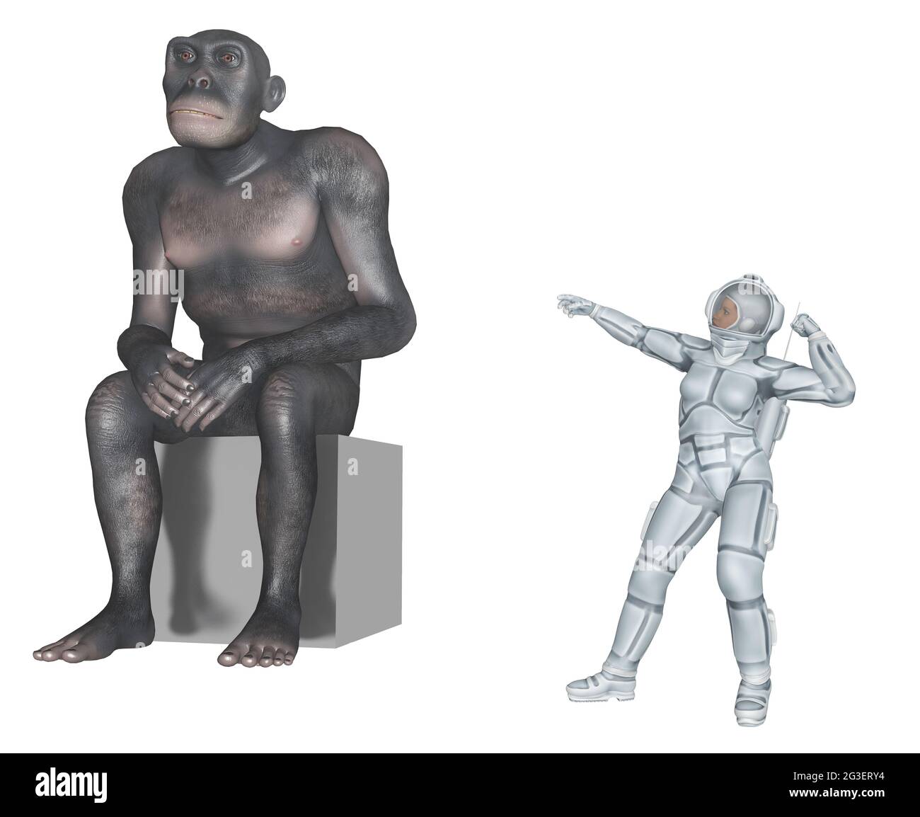 Homo habilis und Astronautin – menschliche Evolution Stockfoto