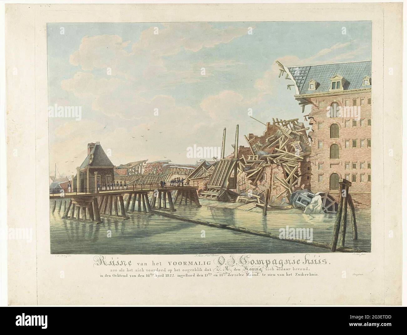 König Wilhelm I. besucht die Ruinen der Zeitschrift East Indian Sea, 1822; Ruine des ehemaligen I.. Compagnie House. Also, als es im Moment geschah, dass Z.M. Der König war dort, am Morgen des 16. April 1822. Isoliert in den 13. Und 14. Des elve Monats, um das Milchhaus zu sehen. König Wilhelm I. besucht am 16. April, nach dem Zusammenbruch am 13-14. April 1822, die Ruine des ostindischen Meeremails in Amsterdam. Der König sucht die Ruinen von der Brücke aus. Siehe auch die Handstation. Stockfoto