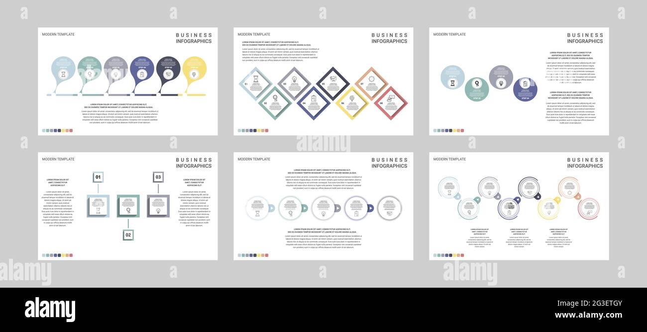 Präsentationsvektorvorlage. Farbenfrohes Infografik-Set für Folienpräsentationen auf weißem Hintergrund. Kann für Geschäftsbericht, Flyer, Broschüre verwendet werden Stock Vektor