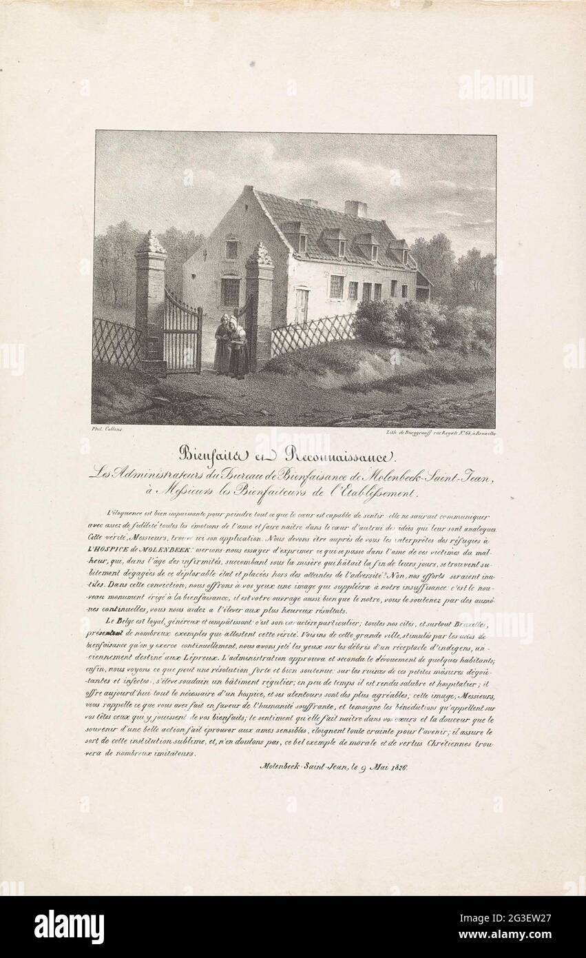 Eröffnung einer Stiftung in Sint-Jans-Molenbeek, 1826; Bienfaits et Reconnaissance. Les Administrators du Bureau de Bienfaisance de Molenbeek-Saint-Jean, à Messieurs Les Bienfaiteurs de l'Etablissement. Eröffnung einer Wohltätigkeitsstiftung in Sint-Jans-Molenbeek in Brüssel für die Aufnahme von kranken Waffen, 9. Mai 1826. Zwei Frauen stehen vor dem Tor zum Design. Unter der Platte eine französische Beschriftung als Folge der Öffnung. Stockfoto