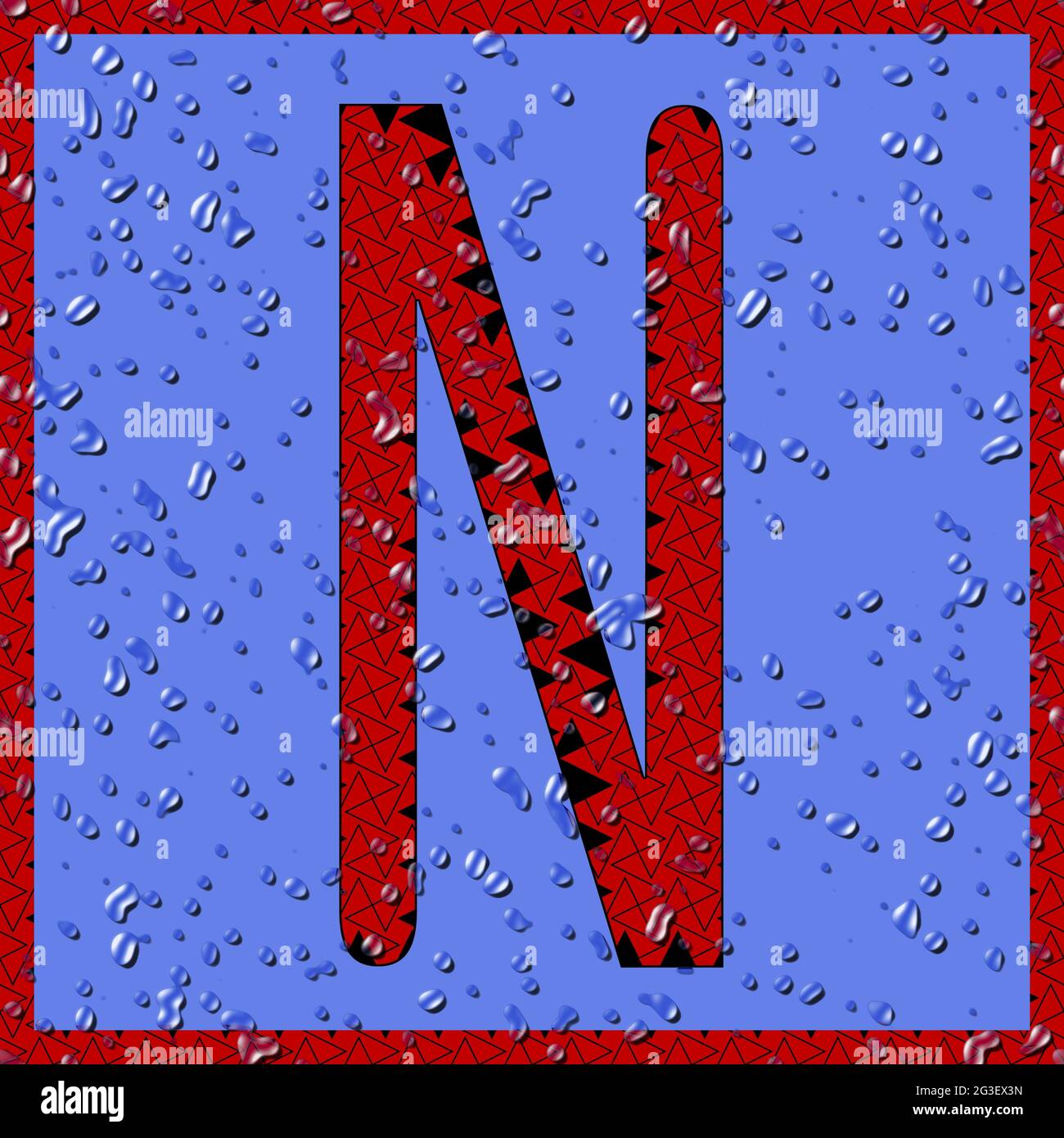 Grafik mit dem OCR-Großbuchstaben N als rotes Monogramm mit blauen Wassertropfen Stockfoto