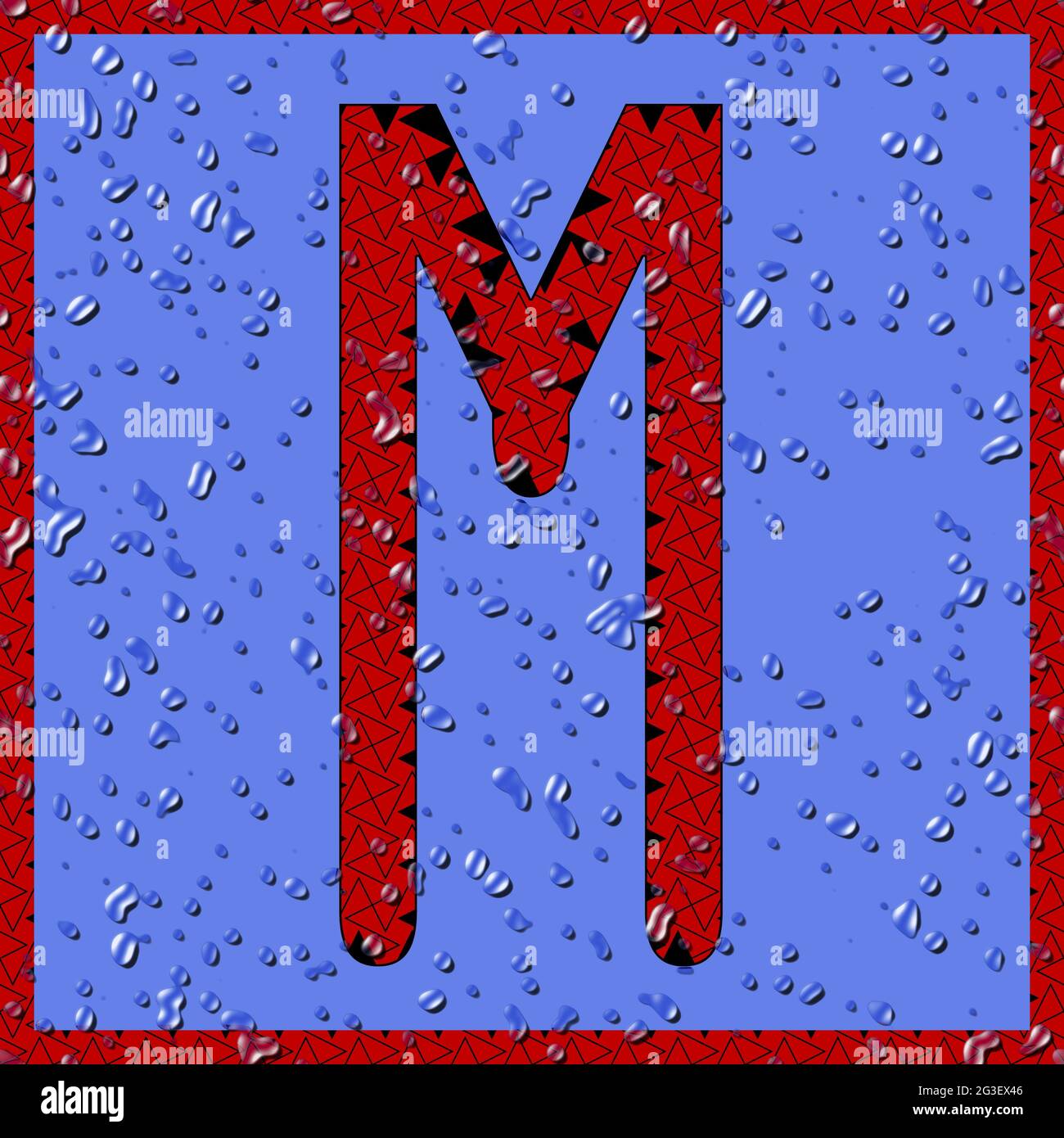 Grafik mit dem OCR-Großbuchstaben M als rotes Monogramm mit blauen Wassertropfen Stockfoto