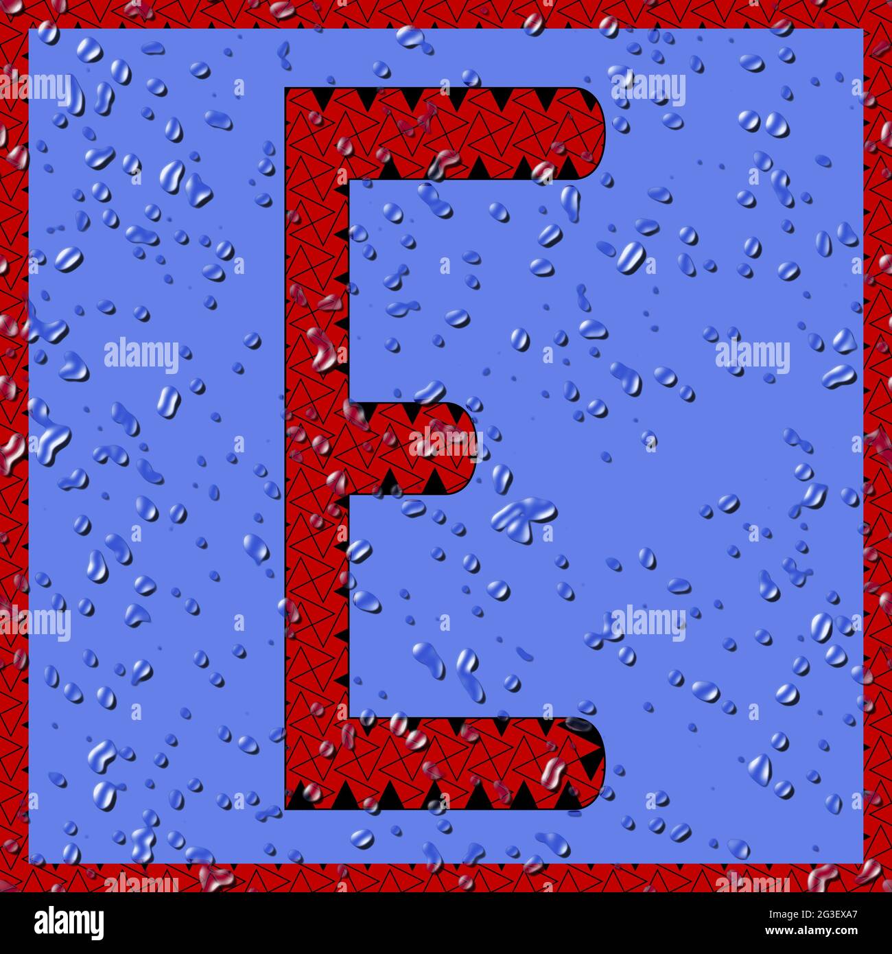 Grafik mit dem OCR-Großbuchstaben E als rotes Monogramm mit blauen Wassertropfen Stockfoto