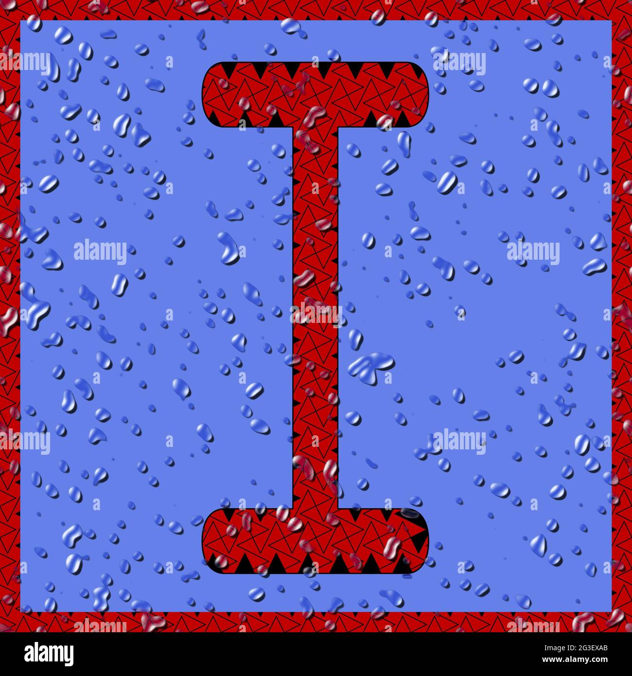 Grafik mit dem OCR-Großbuchstaben I als rotes Monogramm mit blauen Wassertropfen Stockfoto