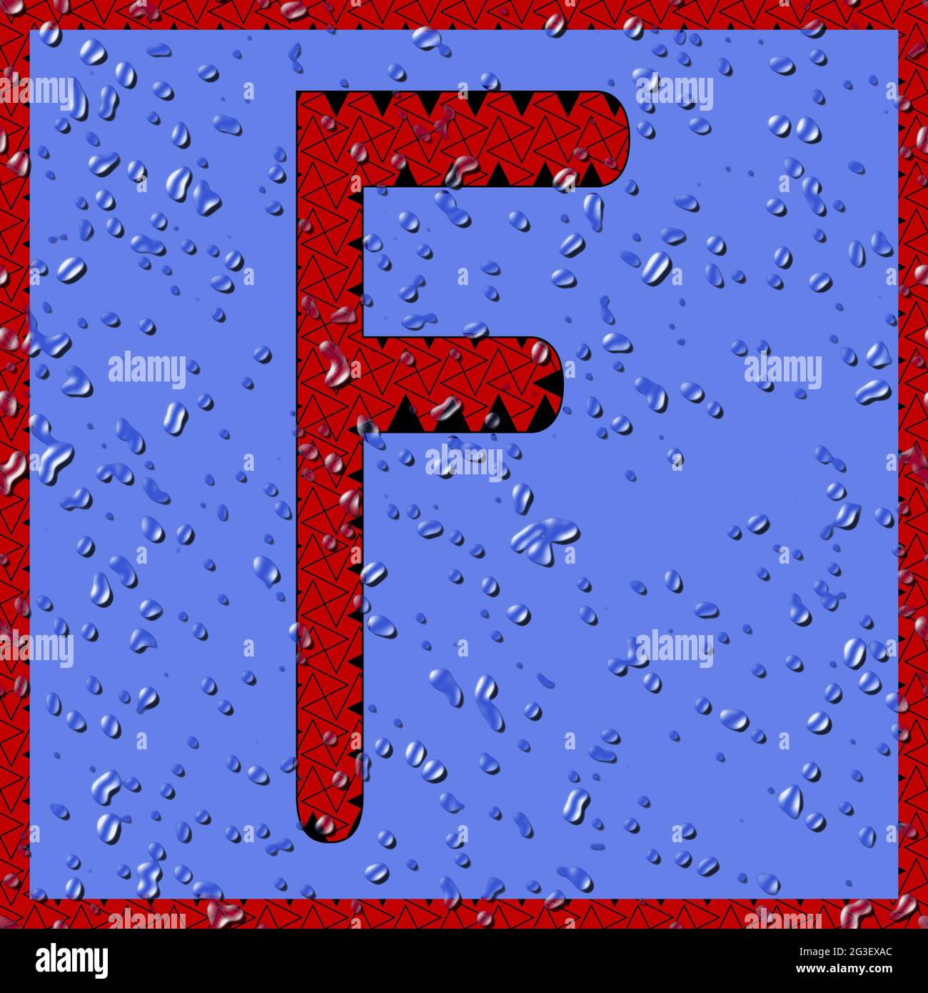 Grafik mit dem OCR-Großbuchstaben F als rotes Monogramm mit blauen Wassertropfen Stockfoto