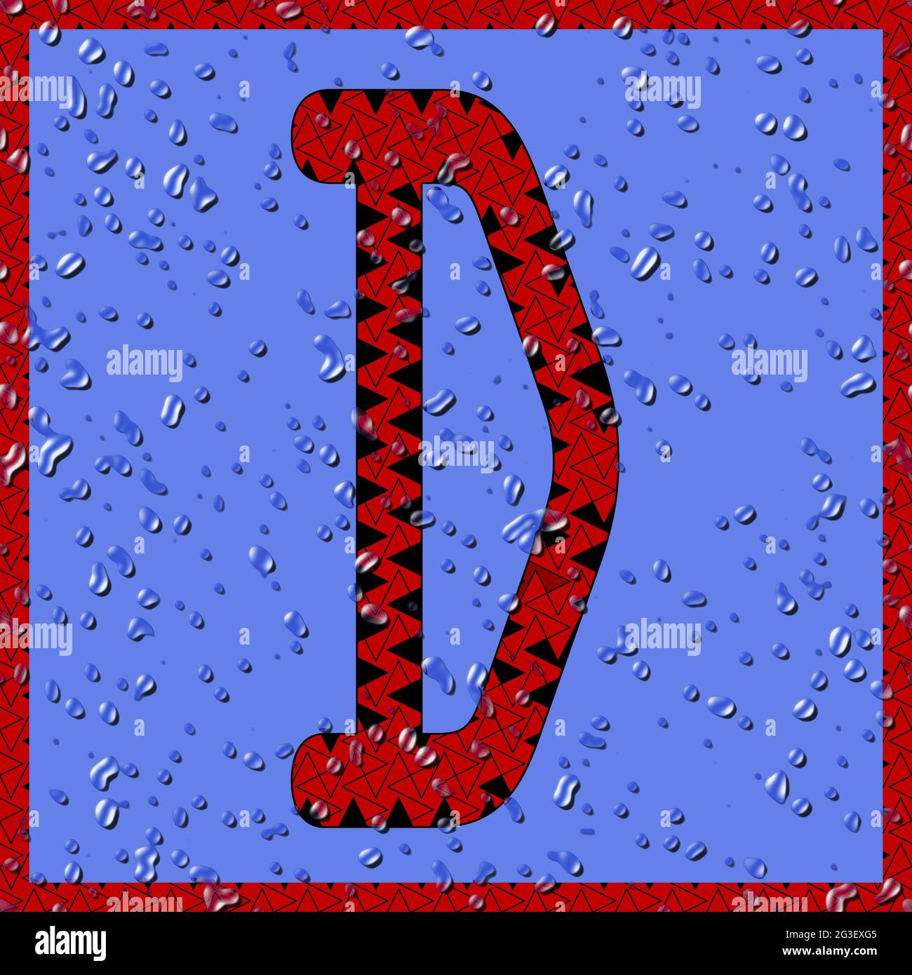 Grafik mit dem OCR-Großbuchstaben D als rotes Monogramm mit blauen Wassertropfen Stockfoto
