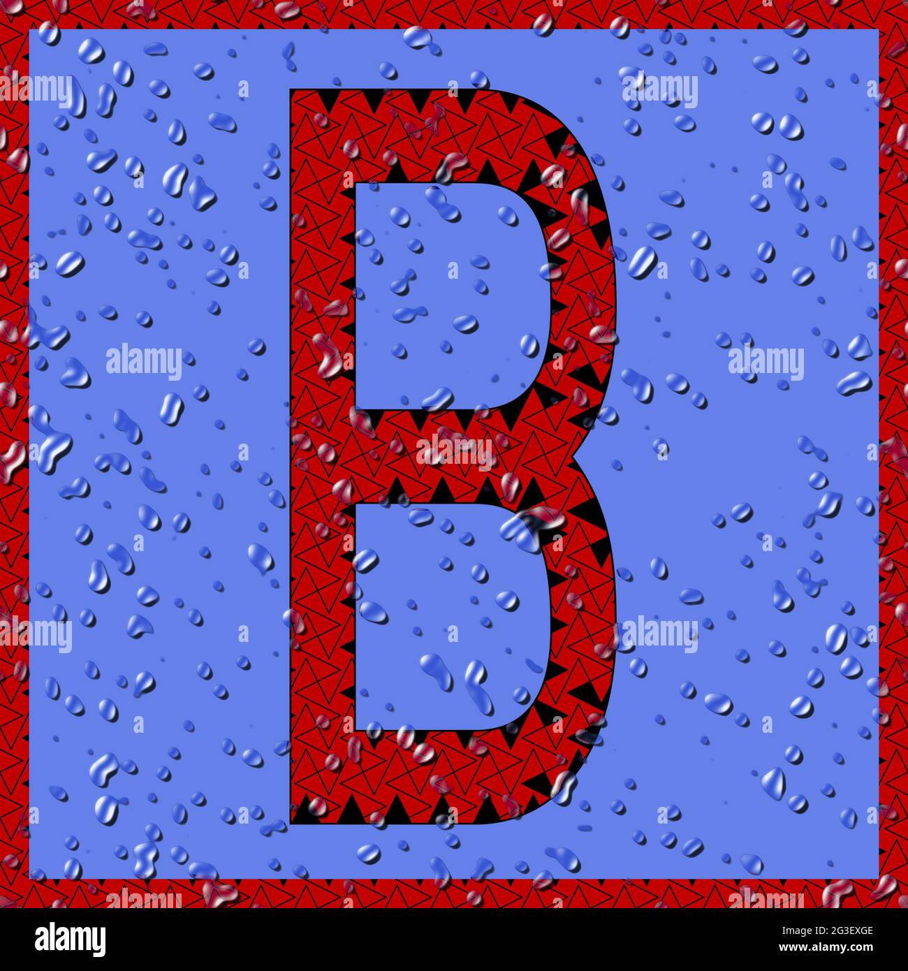 Grafik mit dem OCR-Großbuchstaben B als rotes Monogramm mit blauen Wassertropfen Stockfoto