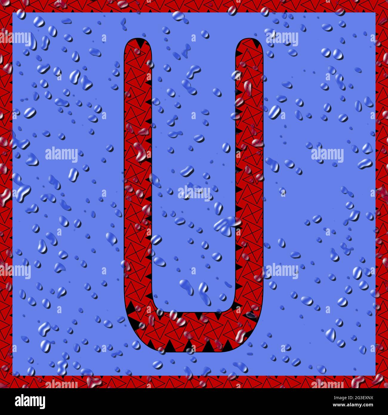 Grafik mit dem OCR-Großbuchstaben U als rotes Monogramm mit blauen Wassertropfen Stockfoto