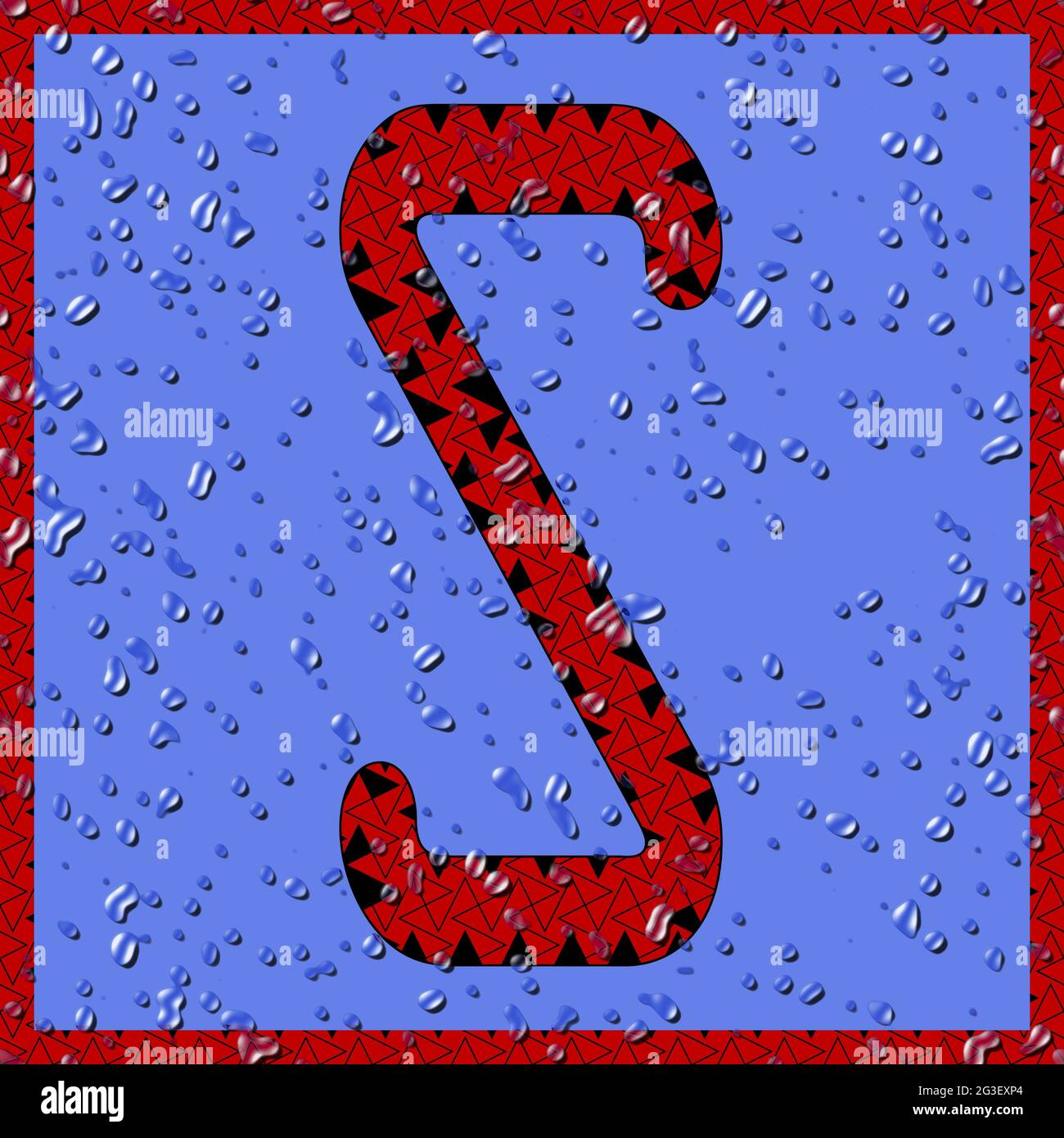 Grafik mit dem OCR-Großbuchstaben S als rotes Monogramm mit blauen Wassertropfen Stockfoto