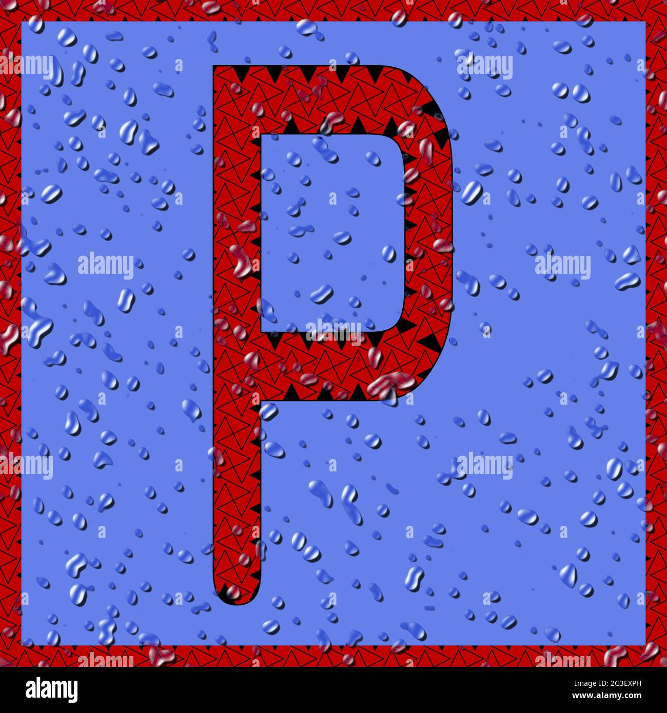 Grafik mit dem OCR-Großbuchstaben P als rotes Monogramm mit blauen Wassertropfen Stockfoto