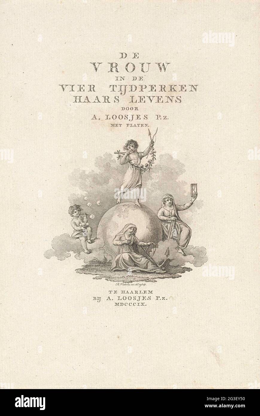 Titelseite für: A. Pz. Lektionen, 'die Frau in den vier Epochen Haare 'lebt', 1809. Titelseite mit einem Globus, in dem vier Putti die vier Male im Leben der Frau darstellen. Stockfoto