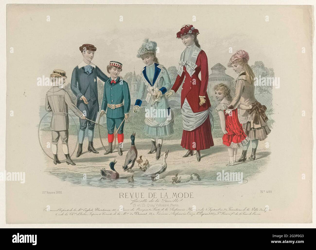 Revue de la Fashion, Gazette de la Famille, Dimanche 8. Mai 1881, 10.  Année, Nr. 488: Costumes d'Enfants (...). Sieben verschiedene Kostüme für  Jungen und Mädchen, laut der Beschriftung des 'englischen Lagerhauses'.